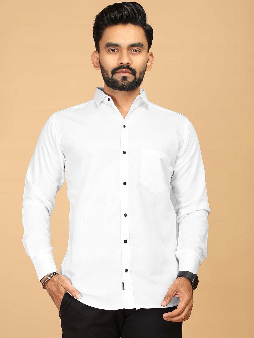 

FABRIPPLE Men Spread Collar Solid Cotton Casual Shirt, White