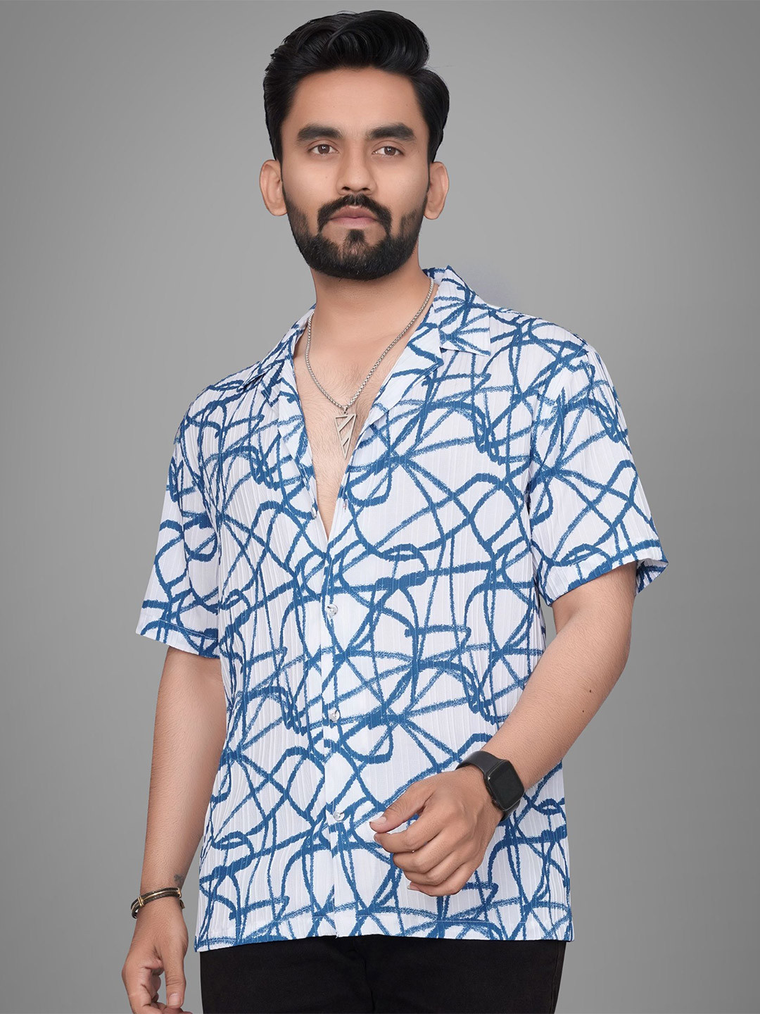 

Metronaut Men Regular Fit Cuban Collar Abstract Printed Casual Shirt, Blue