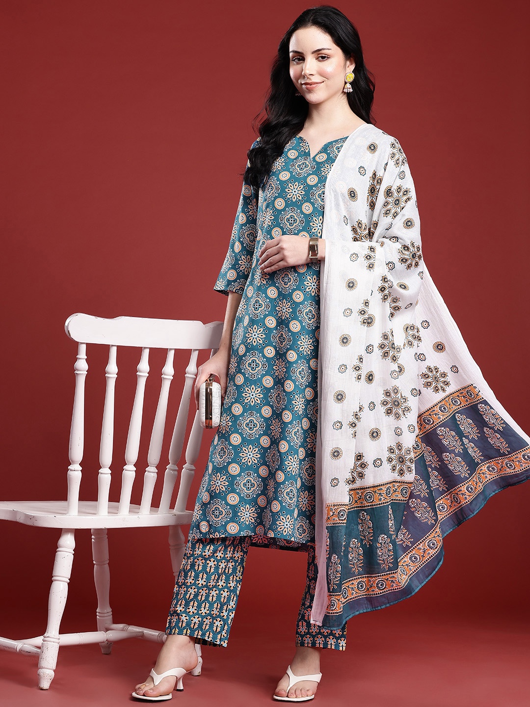 

Anouk Ethnic Motifs Printed Kurta with Trousers & Dupatta, Blue