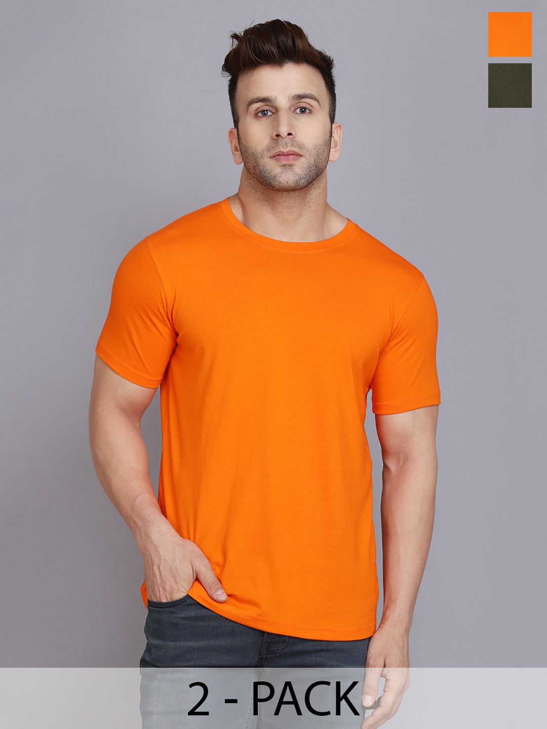 

WOOSTRO Men Pack Of 2 Solid Round Neck Cotton Slim Fit T-shirts, Orange