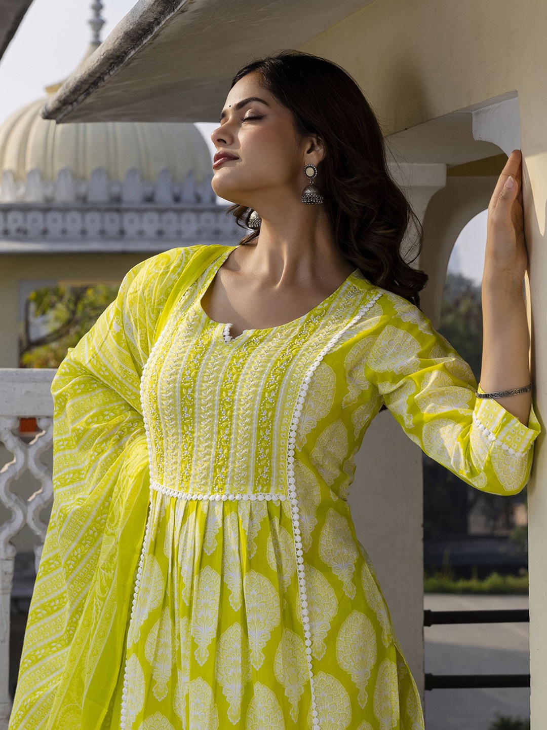 

Anouk Floral Printed Beads & Stones Pleated Pure Cotton Kurta With Trousers And Dupatta, Yellow