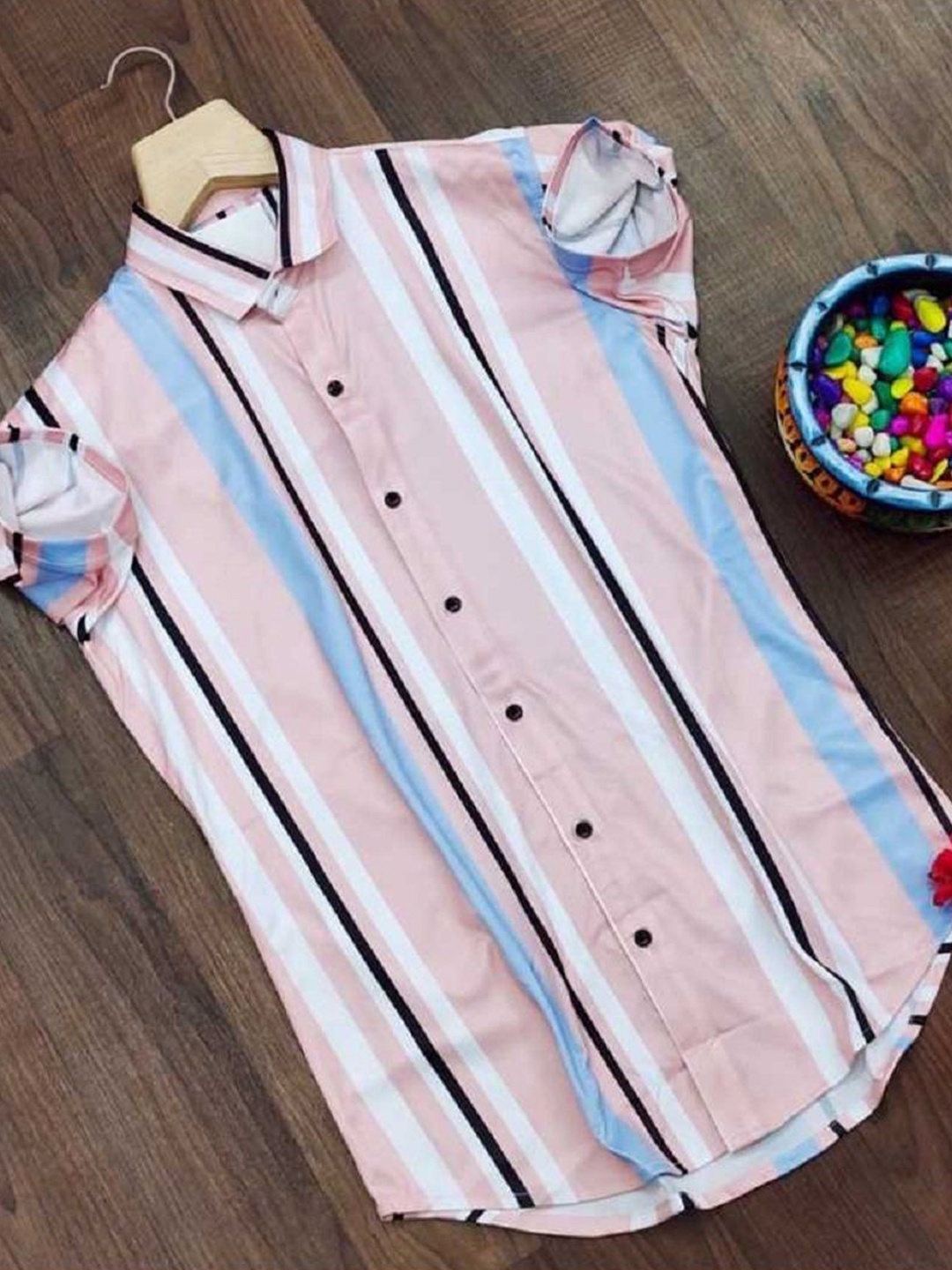

iCome Men Spread Collar Vertical Striped Casual Shirt, Pink