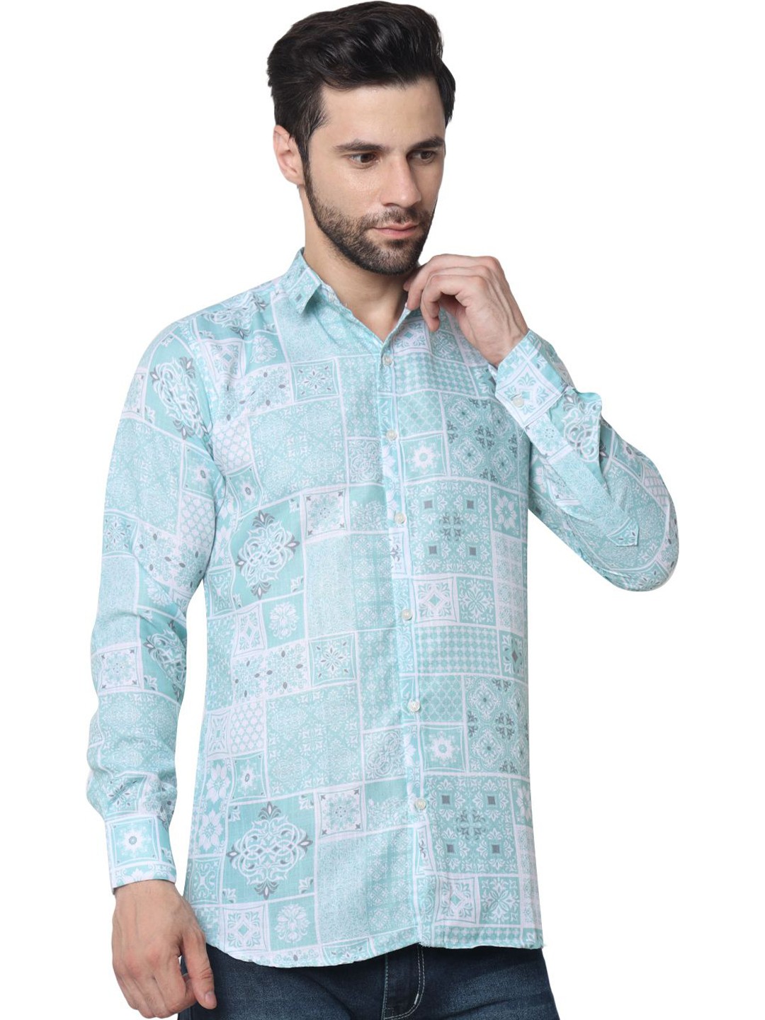 

iCome Men Spread Collar Floral Printed Casual Shirt, Blue