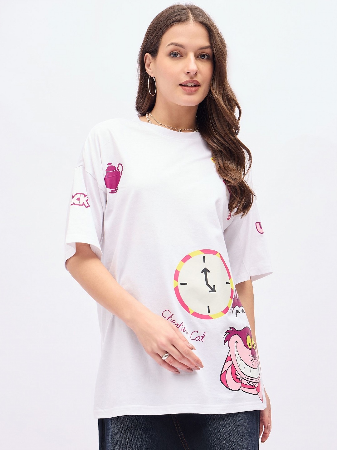 

DressBerry Women Graphic Printed Round Neck Cotton Oversized T-shirt, White