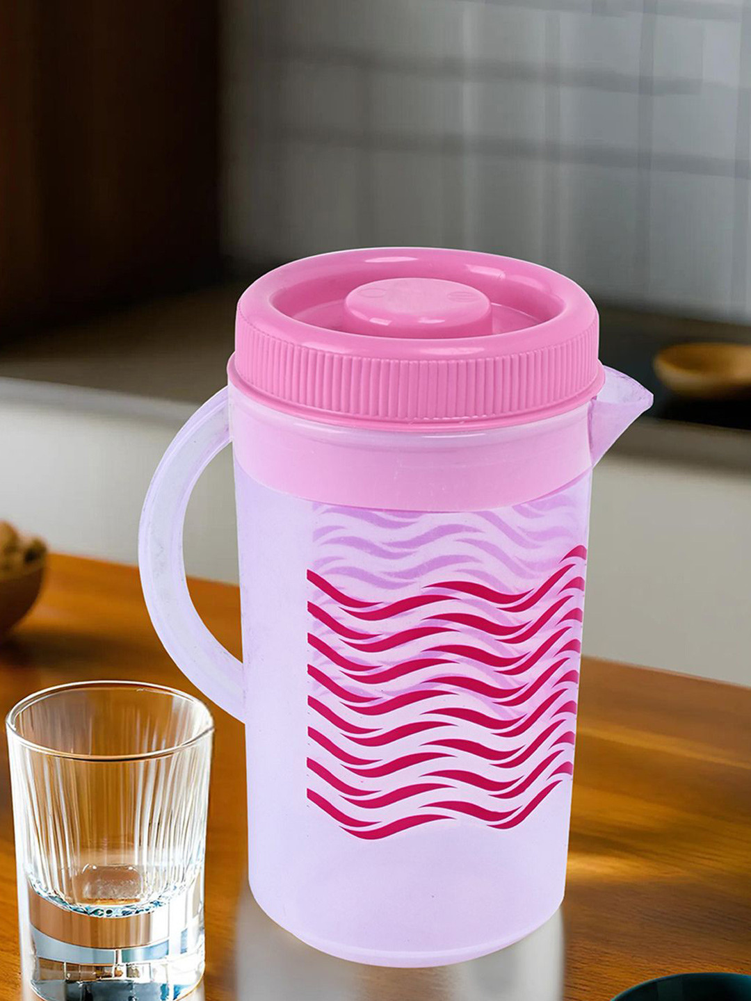

Kuber Industries Pink & Transparent 3 Pieces Zig Zag Printed Water Jugs With Lids-2 L