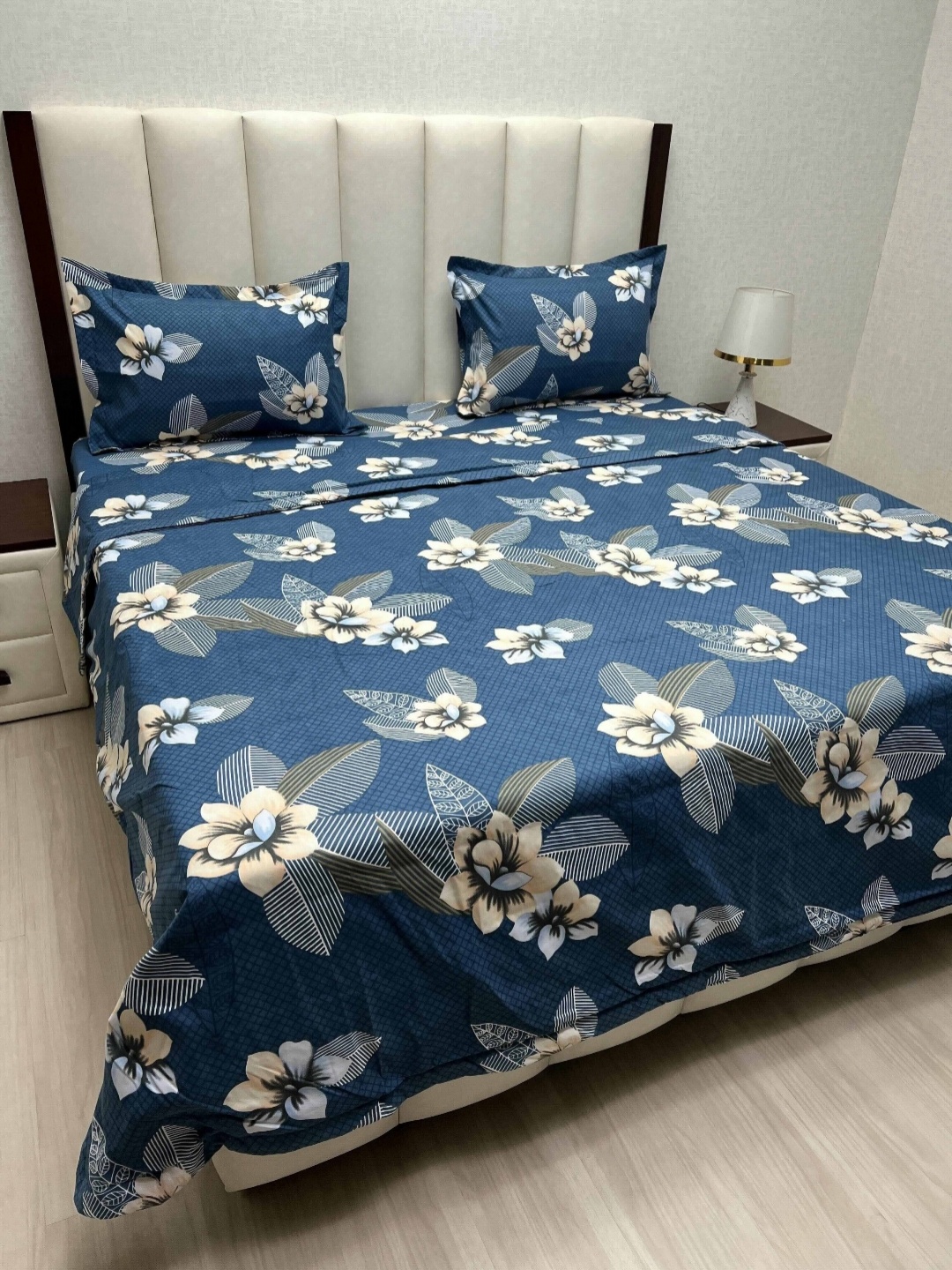 

Pure Decor Blue And Beige Floral Printed Double King Superfine Bedding Set