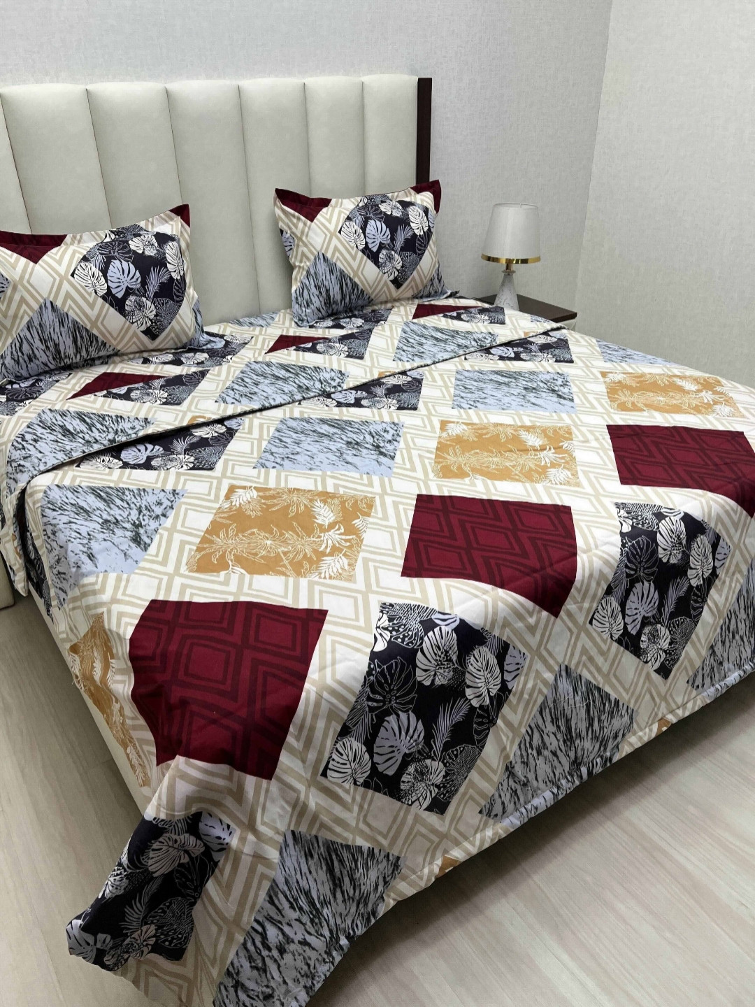 

Pure Decor Beige And Maroon Floral Printed Double King Superfine Bedding Set
