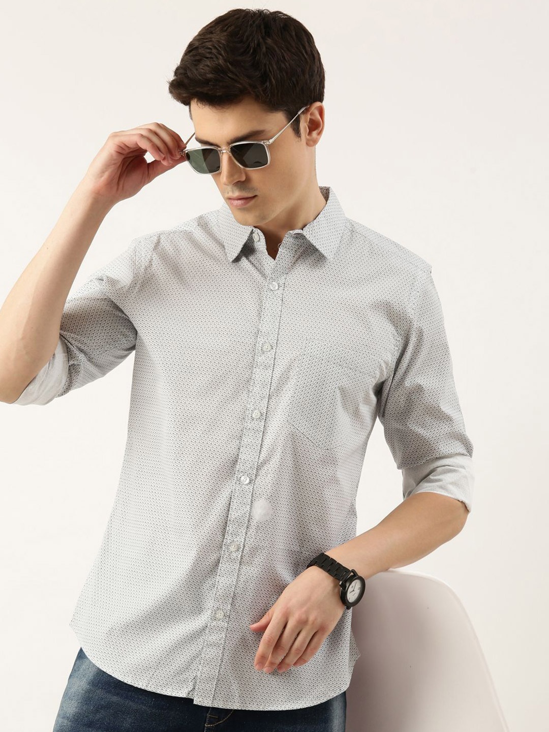 

Provogue Men Spread Collar Abstract Printed Cotton Casual Shirt, White