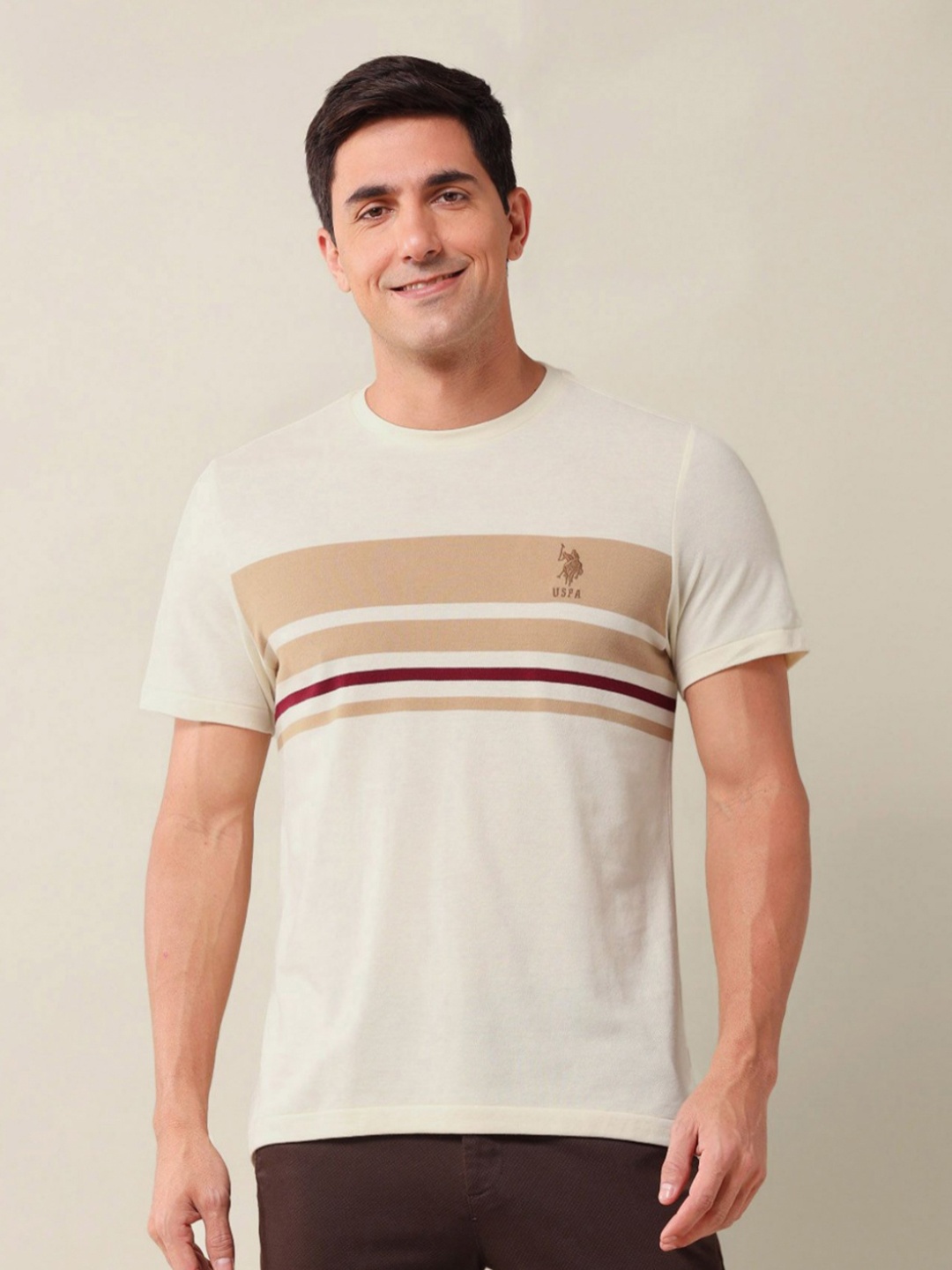 

U.S. Polo Assn. Men Striped Round Neck Cotton Slim Fit T-shirt, Beige