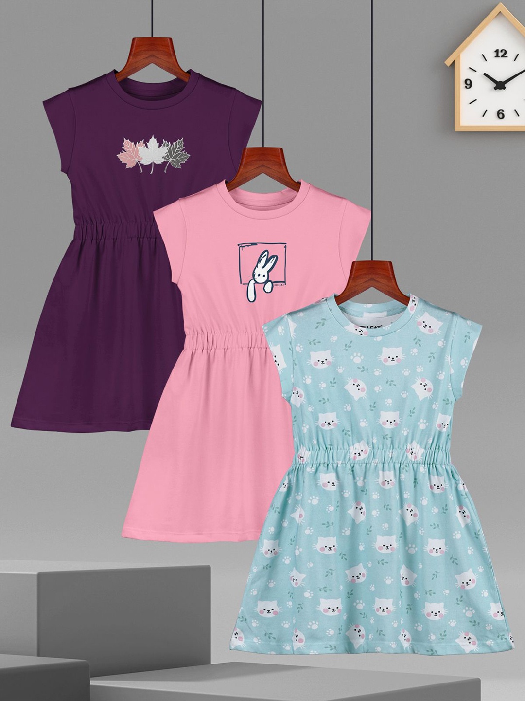 

HELLCAT Girl Pack of 3 Print Round Neck Cap Sleeves Fit and Flare Dress, Pink