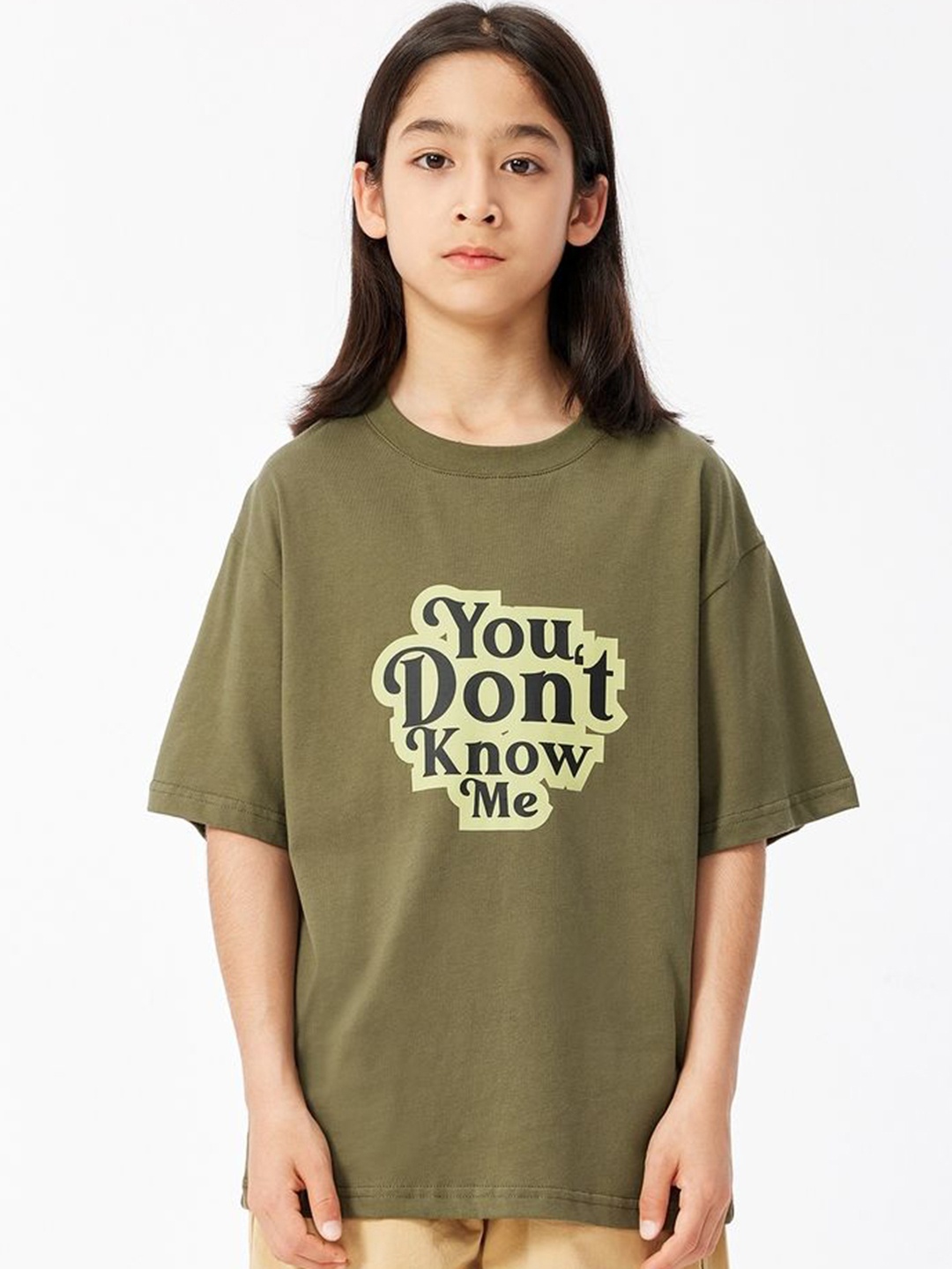 

LULU & SKY Girls Typography Printed Round Neck Cotton Oversized T-shirt, Olive