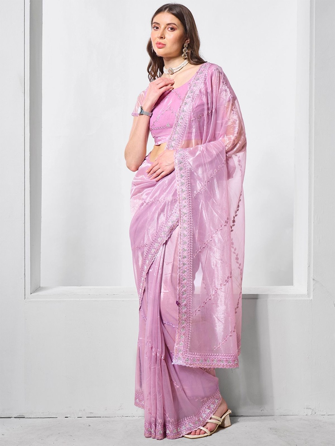 

ODETTE Embellished Beads and Stones Net Saree, Lavender