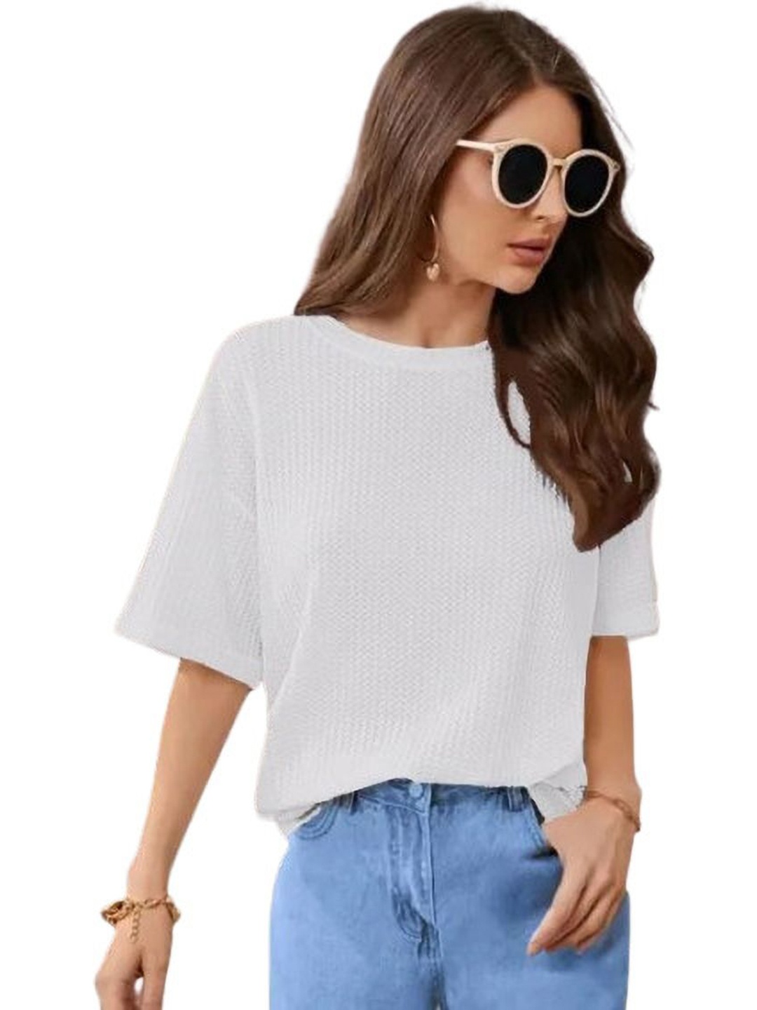 

SRISARAS Women Self Design Round Neck Cotton Relaxed Fit T-shirt, White