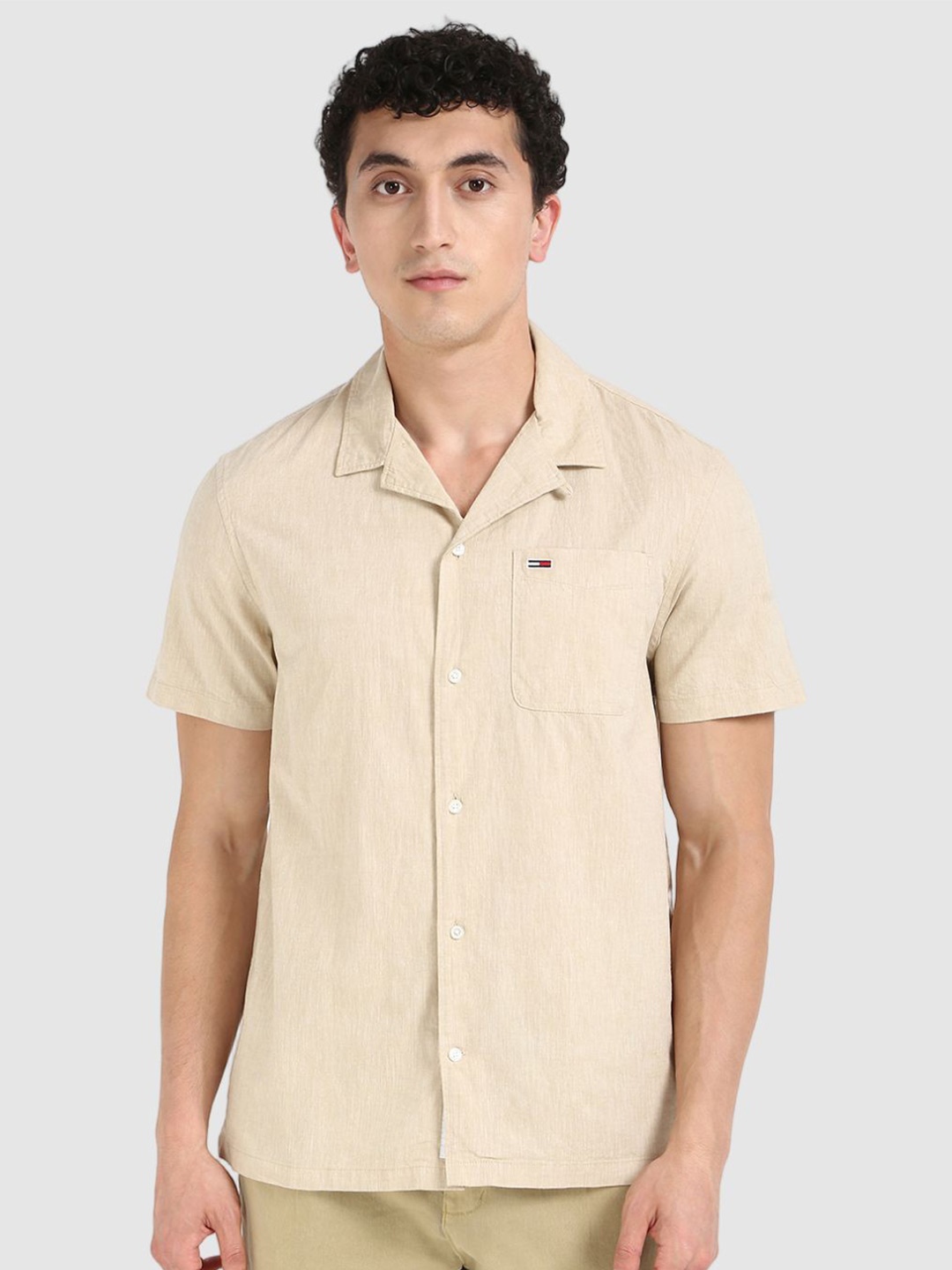 

Tommy Hilfiger Men Cuban Collar Solid Cotton Casual Shirt, Beige
