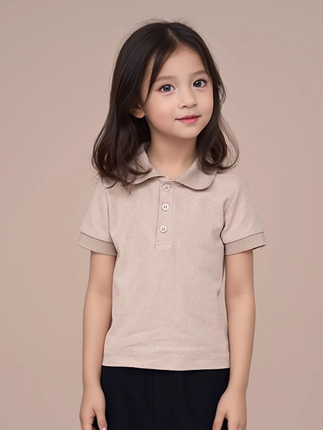 

LULU & SKY Girls Solid Polo Collar Cotton T-shirt, Beige