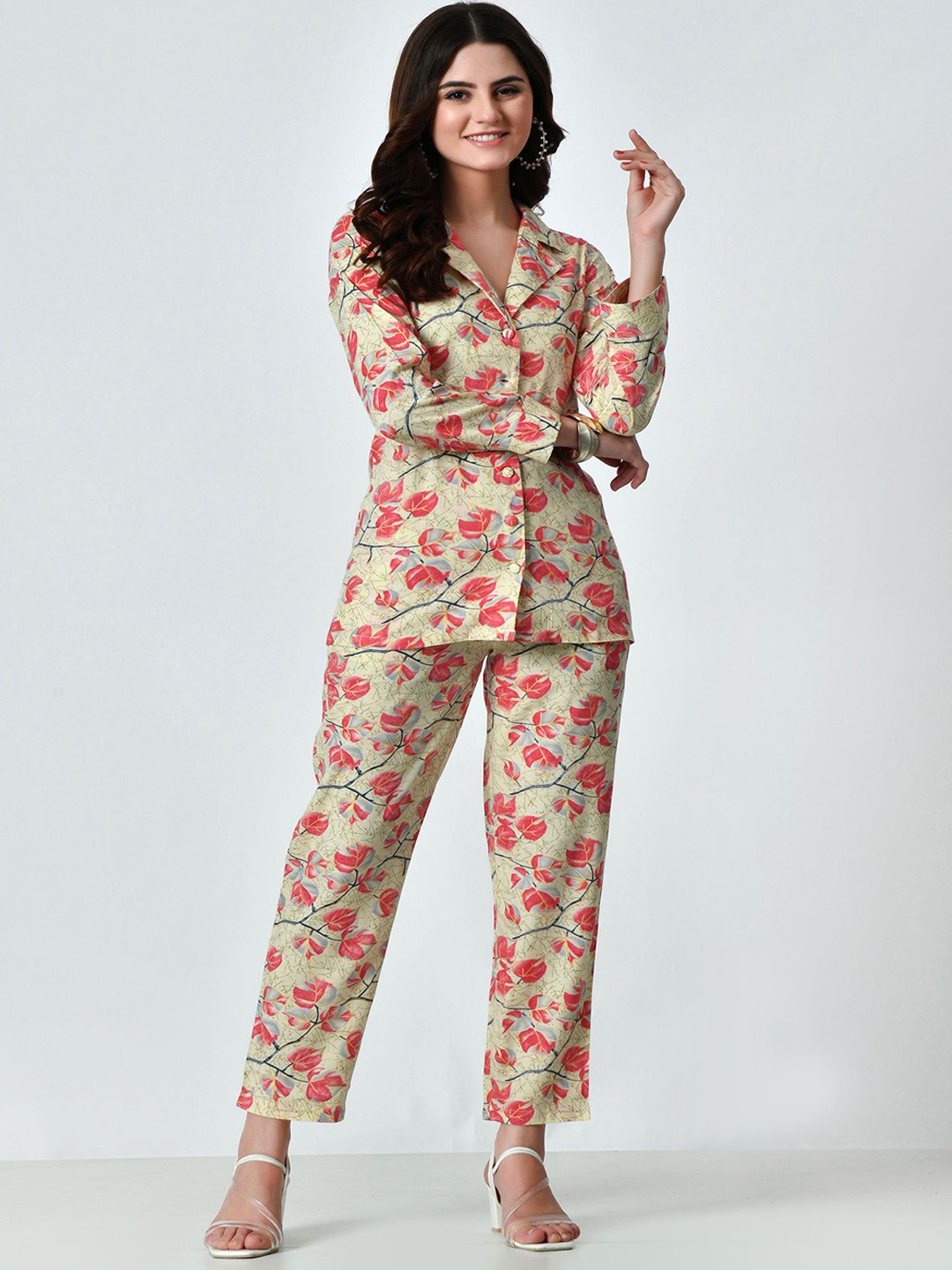 

VAPPSYAM Printed Organic Cotton Long Sleeve Shirt & Trousers Co-Ords, Beige