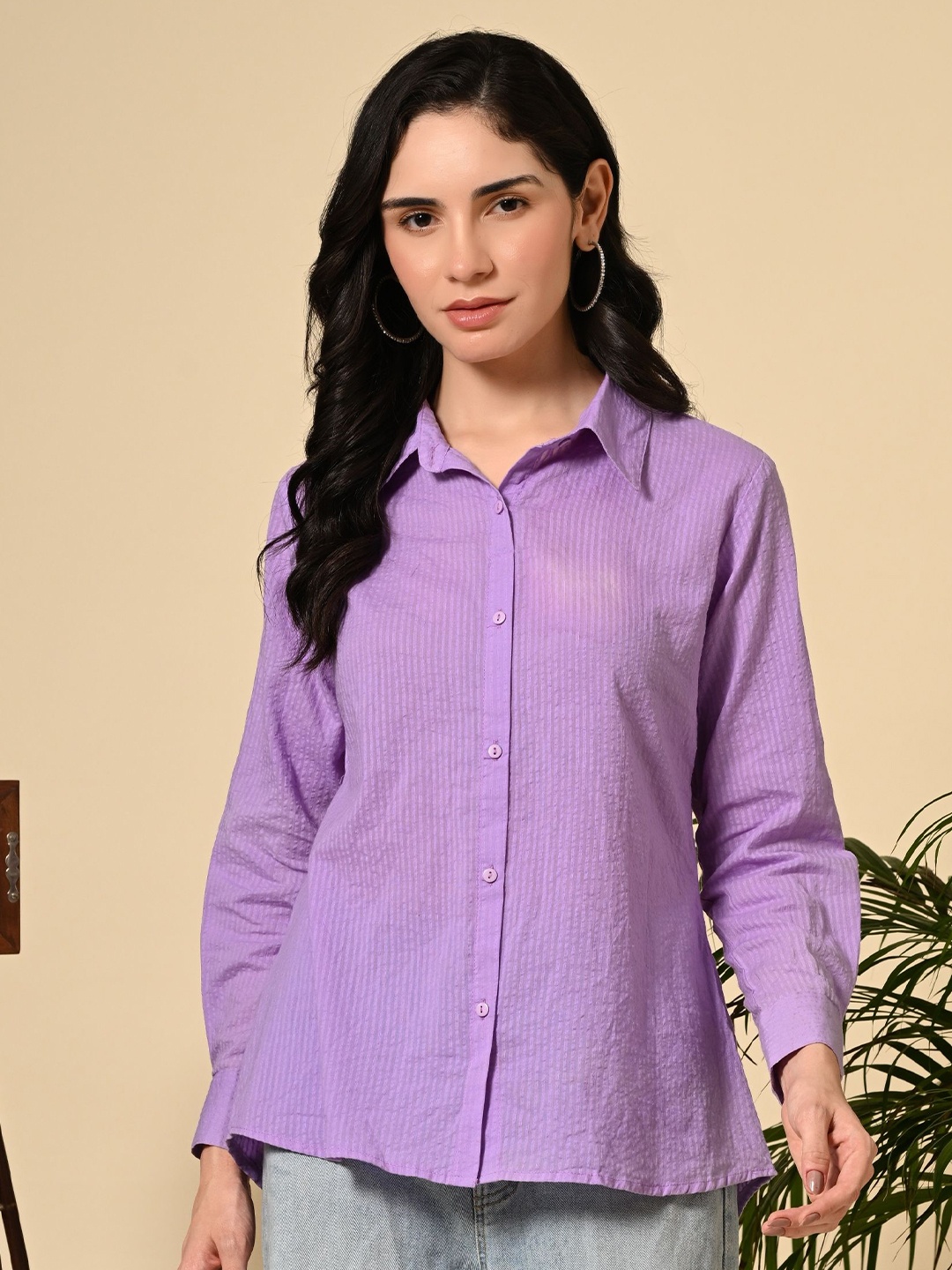 

Netreyam Women Smart Fit Spread Collar Vertical Striped Cotton Casual Shirt, Lavender