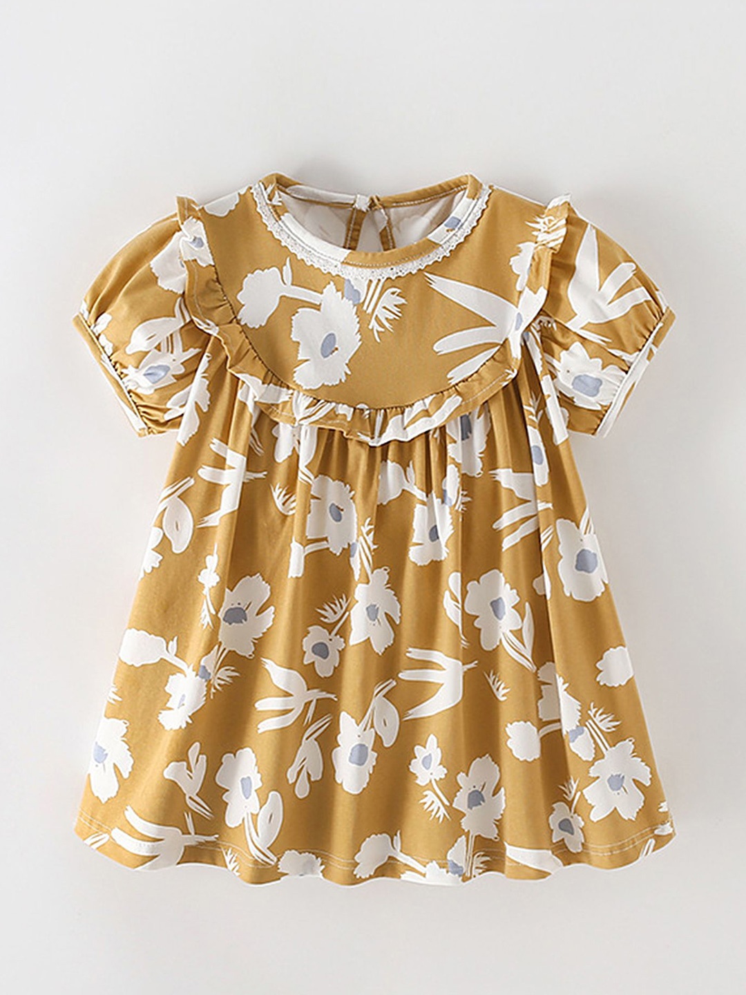 

LULU & SKY Girl Floral Printed Puff Sleeve Ruffle Dress, Khaki