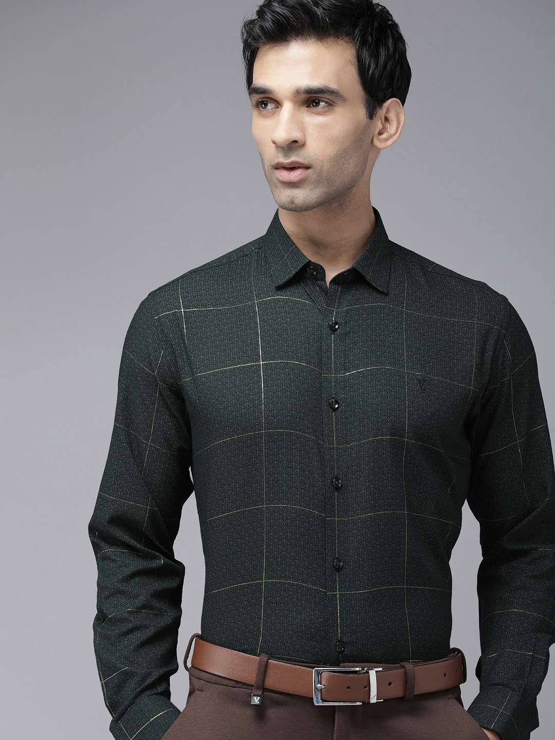 

V Dot Slim Fit Opaque Checked Formal Shirt, Charcoal