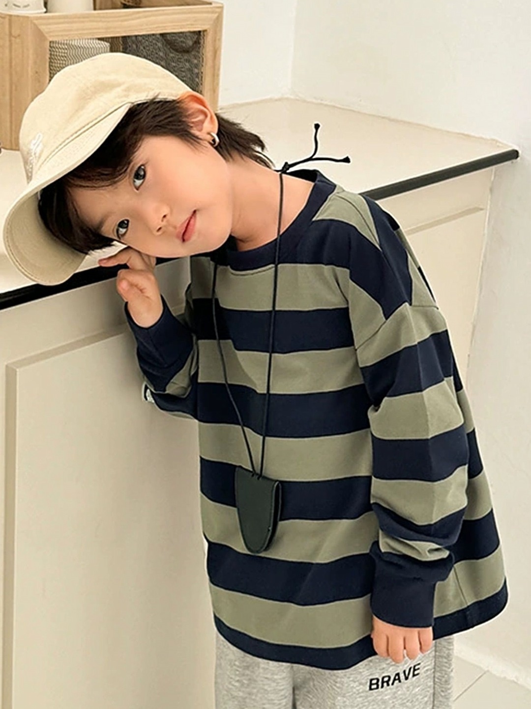 

LULU & SKY Boys Striped Round Neck Cotton Oversized T-shirt, Olive