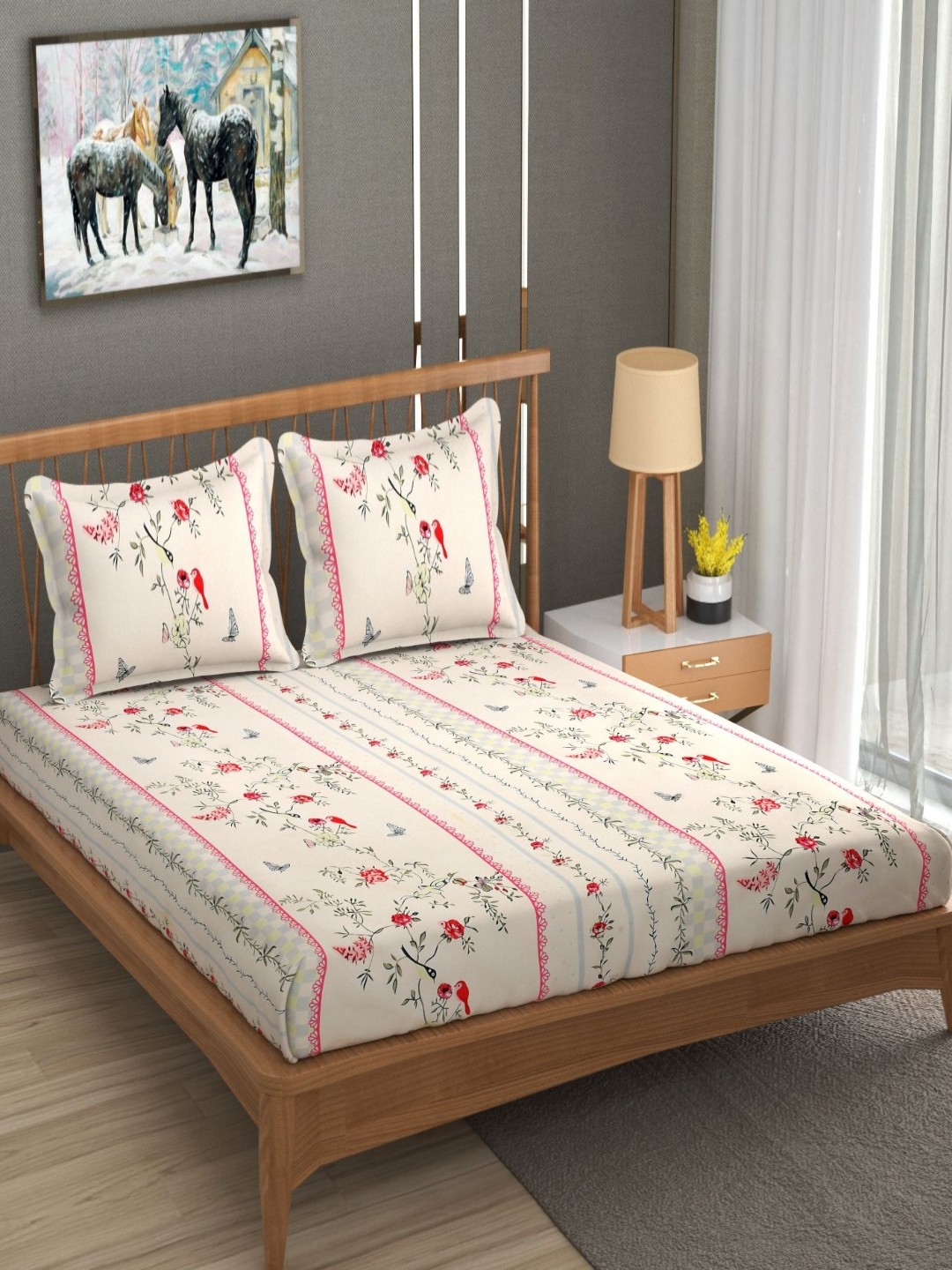 

BLUEDOT Waterproof Cream Printed Pure Cotton 300 TC King Bedsheet Set 78 cm x 72 cm x 8 cm