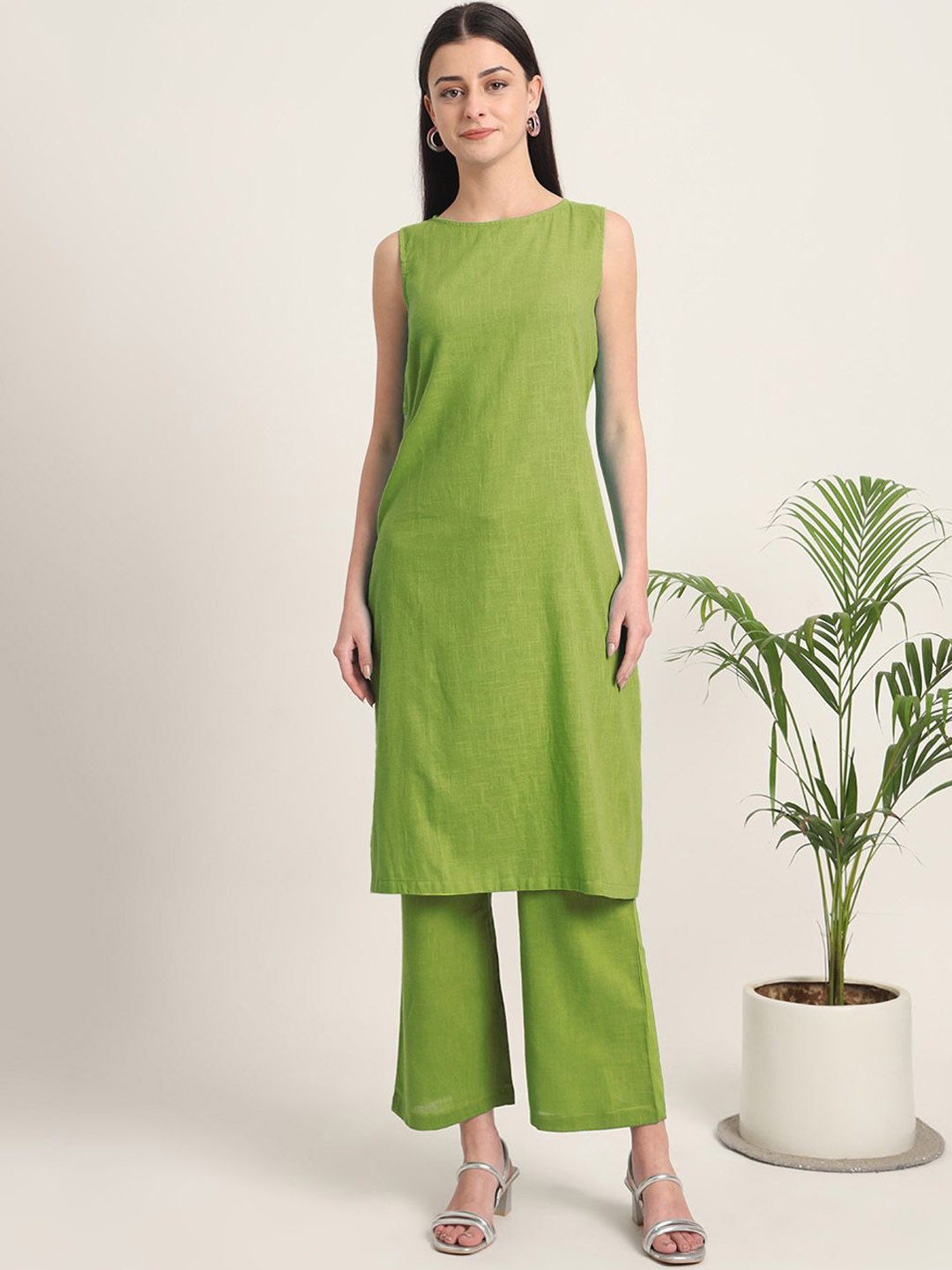 

Thevasa Boat Neck Pure Cotton Tunic & Trouser, Green