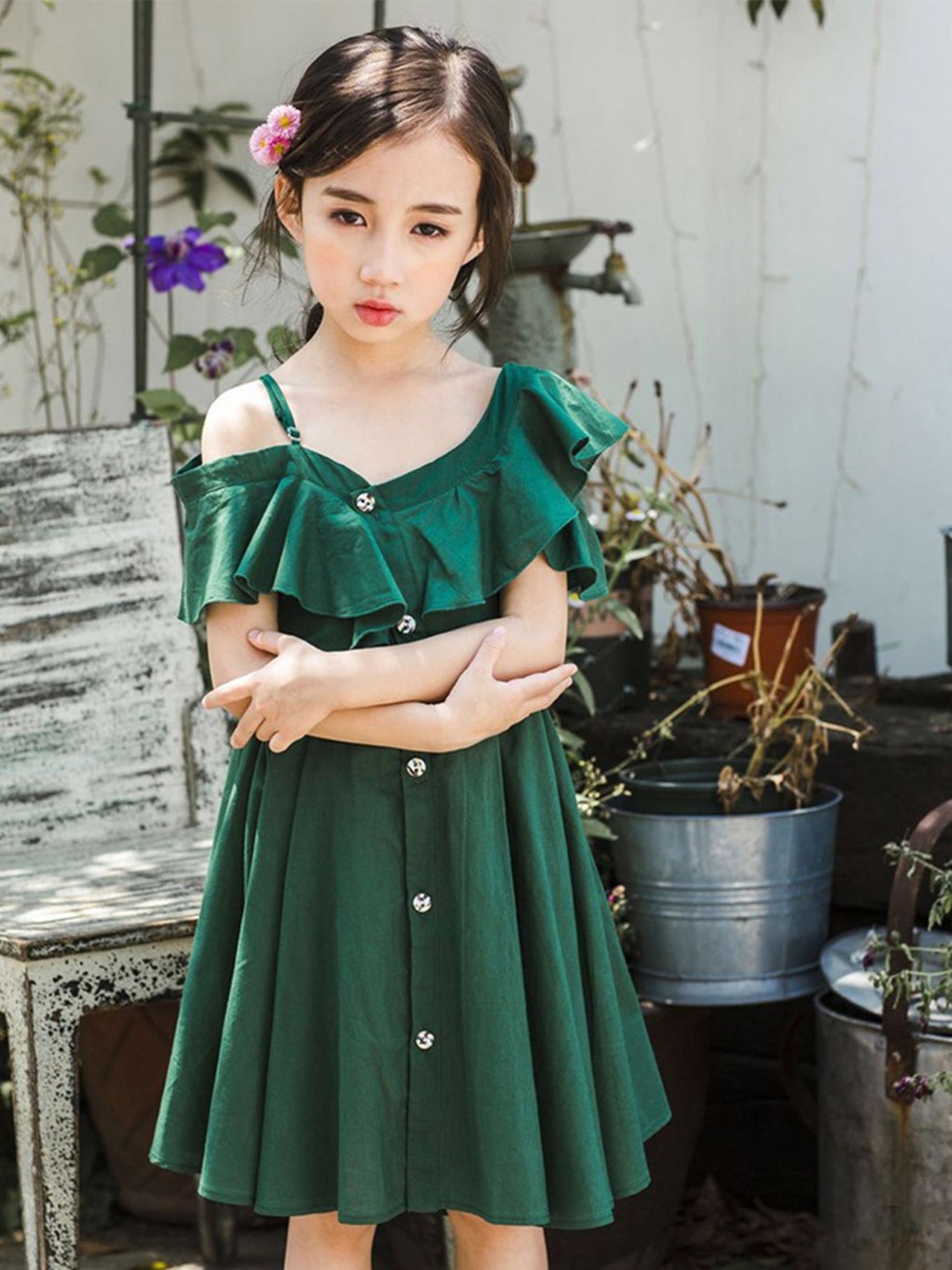

LULU & SKY Girls Flutter Sleeve Cotton A-Line Dress, Green