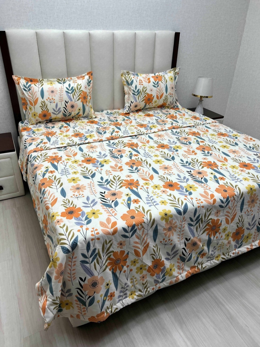 

Pure Decor White & Orange Floral Printed Fine Double King Size Bedding Set