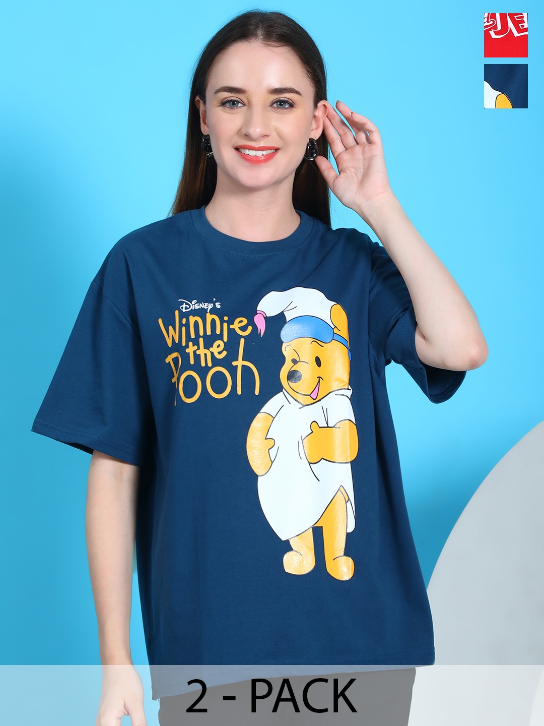 

Dreambe Women Pack Of 2 Winnie The Pooh Fusion Graphic Printed Cotton Oversized T-shirts, Blue