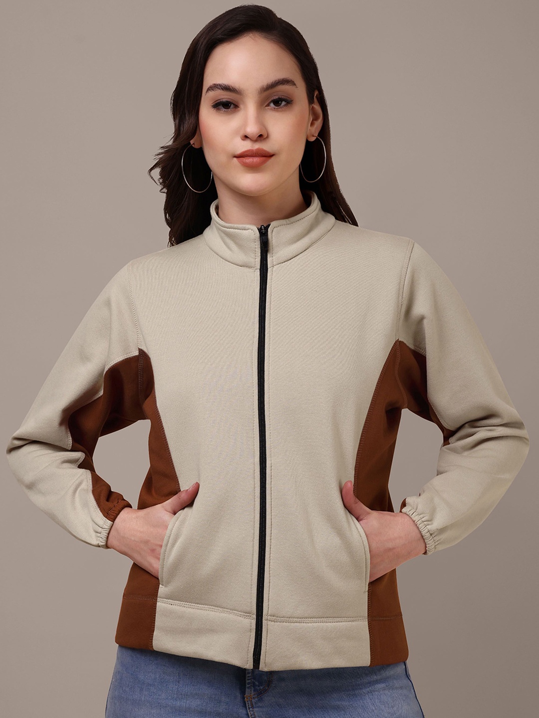 

HEATHEX Women Colourblocked Fleece Lightweight Bomber Jacket, Beige