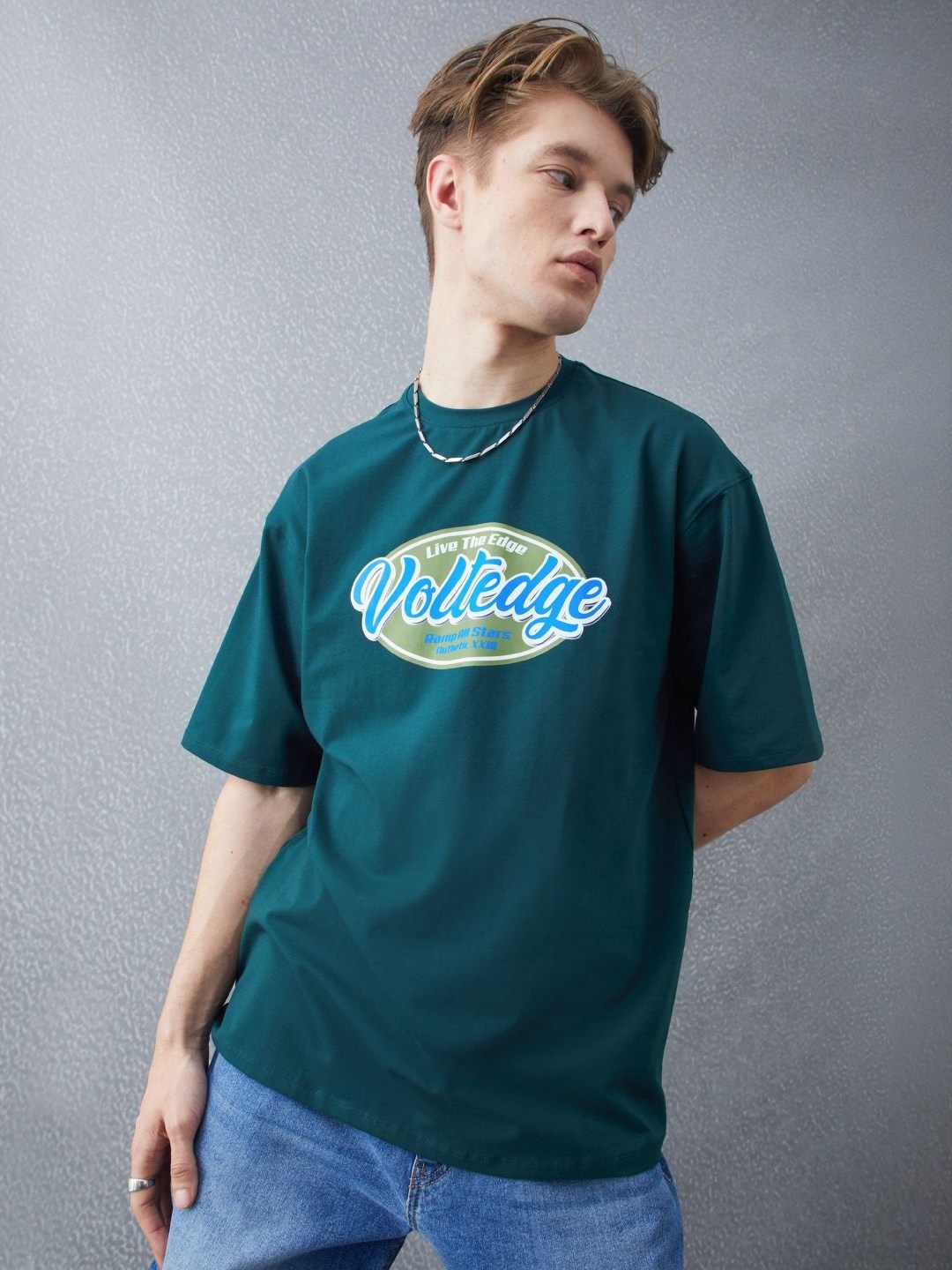 

VOLTEDGE Men Typography Printed Round Neck Cotton Oversized T-shirt, Olive