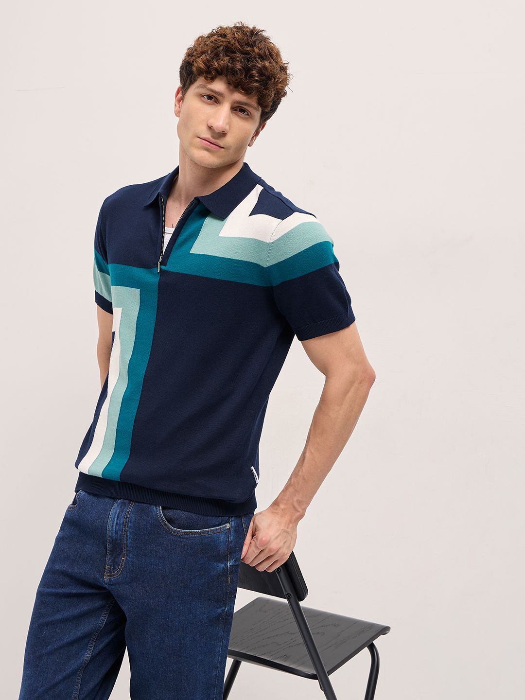 

THE BEAR HOUSE Men Geometric Printed Polo Collar Cotton T-shirt, Navy blue