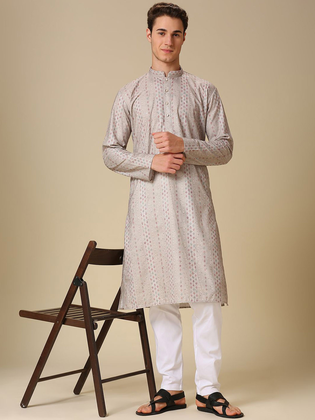 

RAJUBHAI HARGOVINDAS Ethnic Motifs Printed Thread Work Straight Kurta, Grey