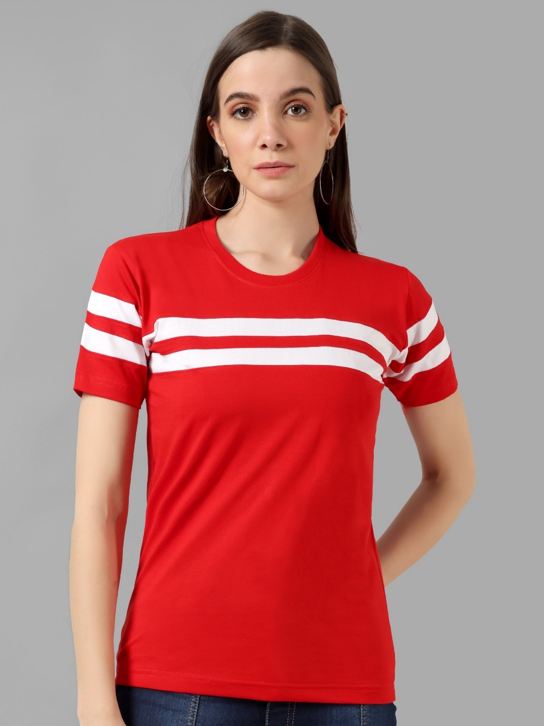 

Metronaut Women Striped Round Neck Cotton T-shirt, Red