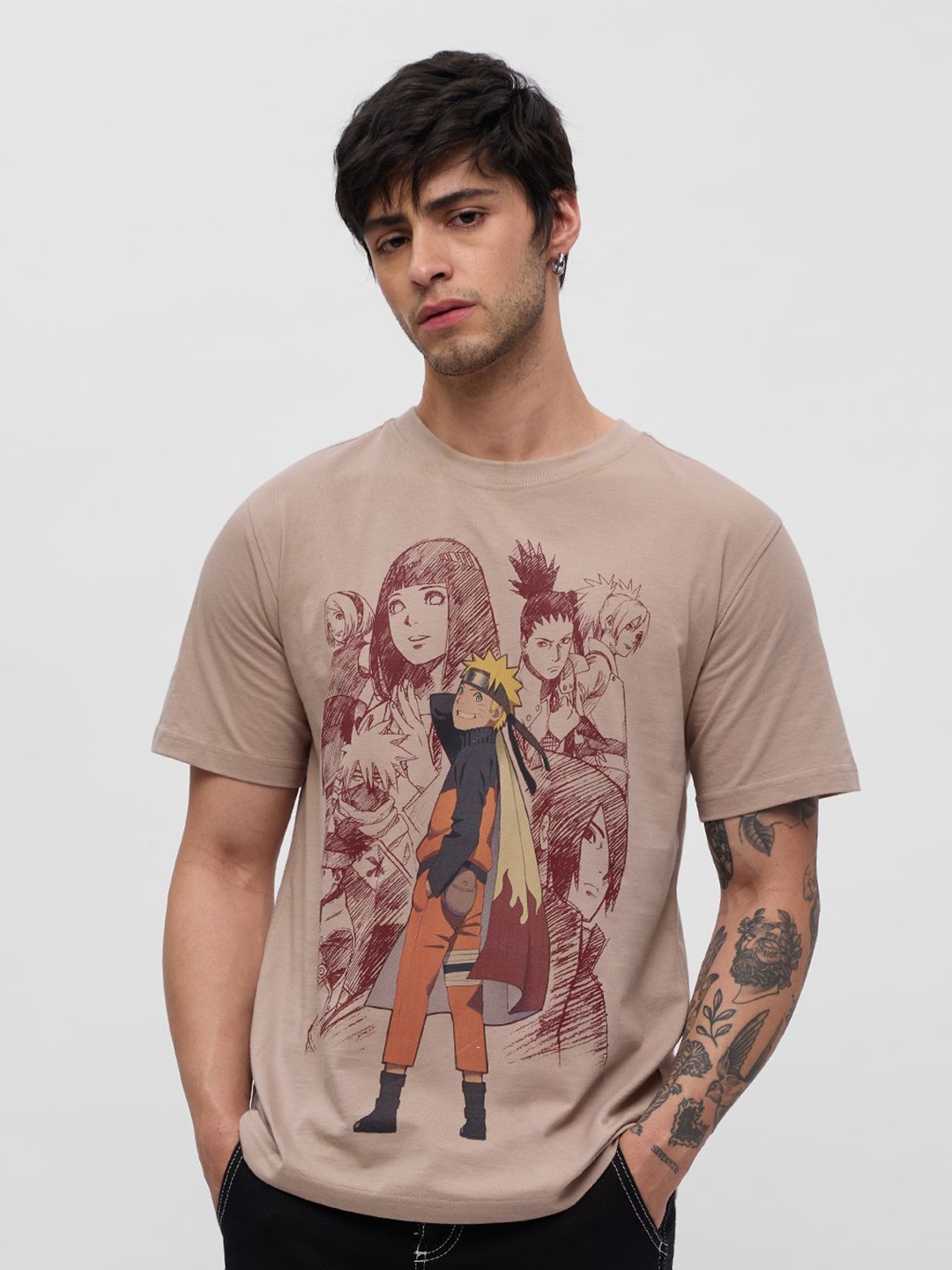 

The Souled Store Men Graphic Printed Round Neck Cotton T-shirt, Brown