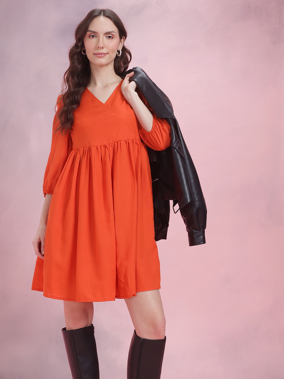 

DressBerry Faux Wrap Puff Sleeve A-Line Dress, Orange