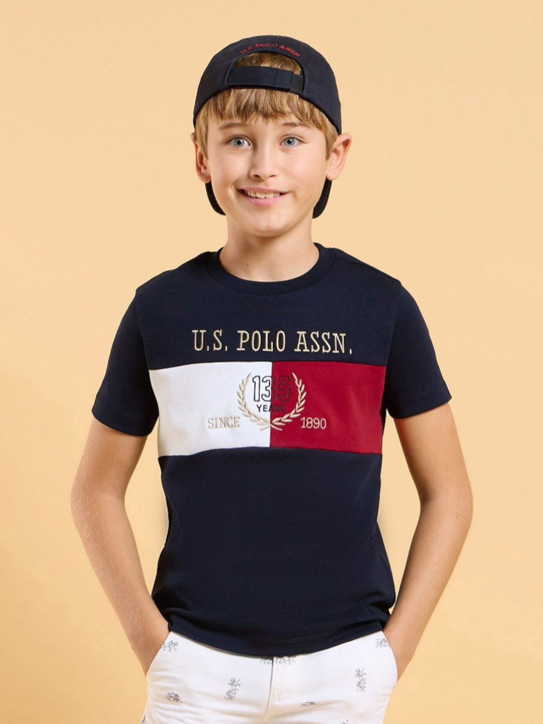 

U.S. Polo Assn. Kids Boys Colourblocked Round Neck Cotton T-shirt, Navy blue
