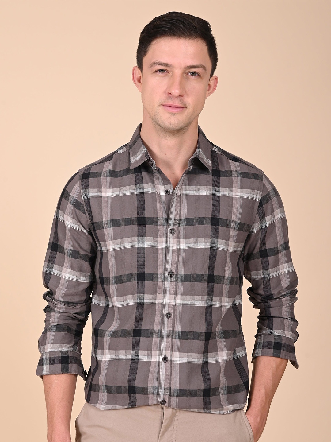 

POE Men Spread Collar Checked Cotton Casual Shirt, Taupe