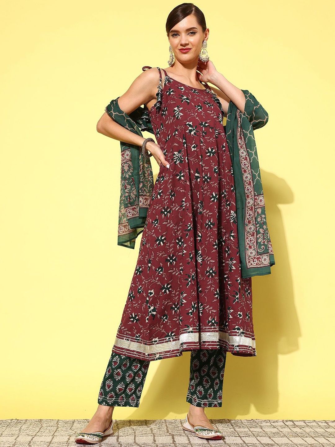 

KALINI Floral Printed Shoulder Straps Pure Cotton Kurta With Trousers & Dupatta, Maroon