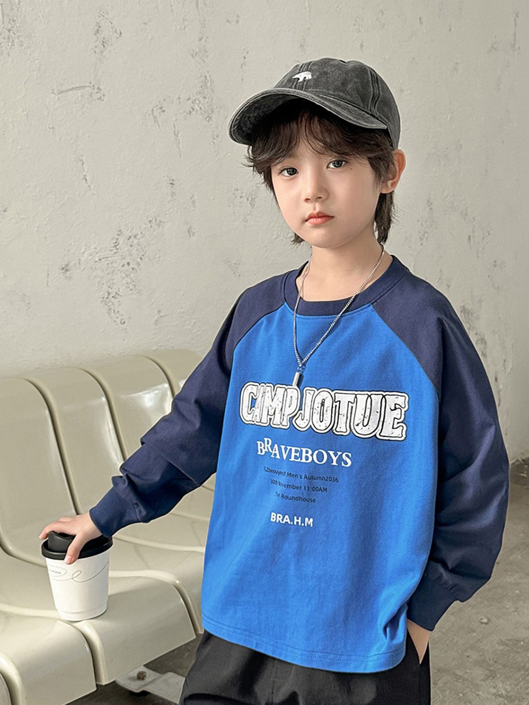 

LULU & SKY Boys Typography Printed Round Neck Cotton Relaxed Fit T-shirt, Blue