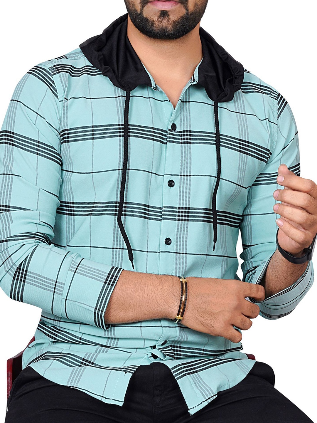 

Metronaut Men Regular Fit Hooded Checked Casual Shirt, Blue