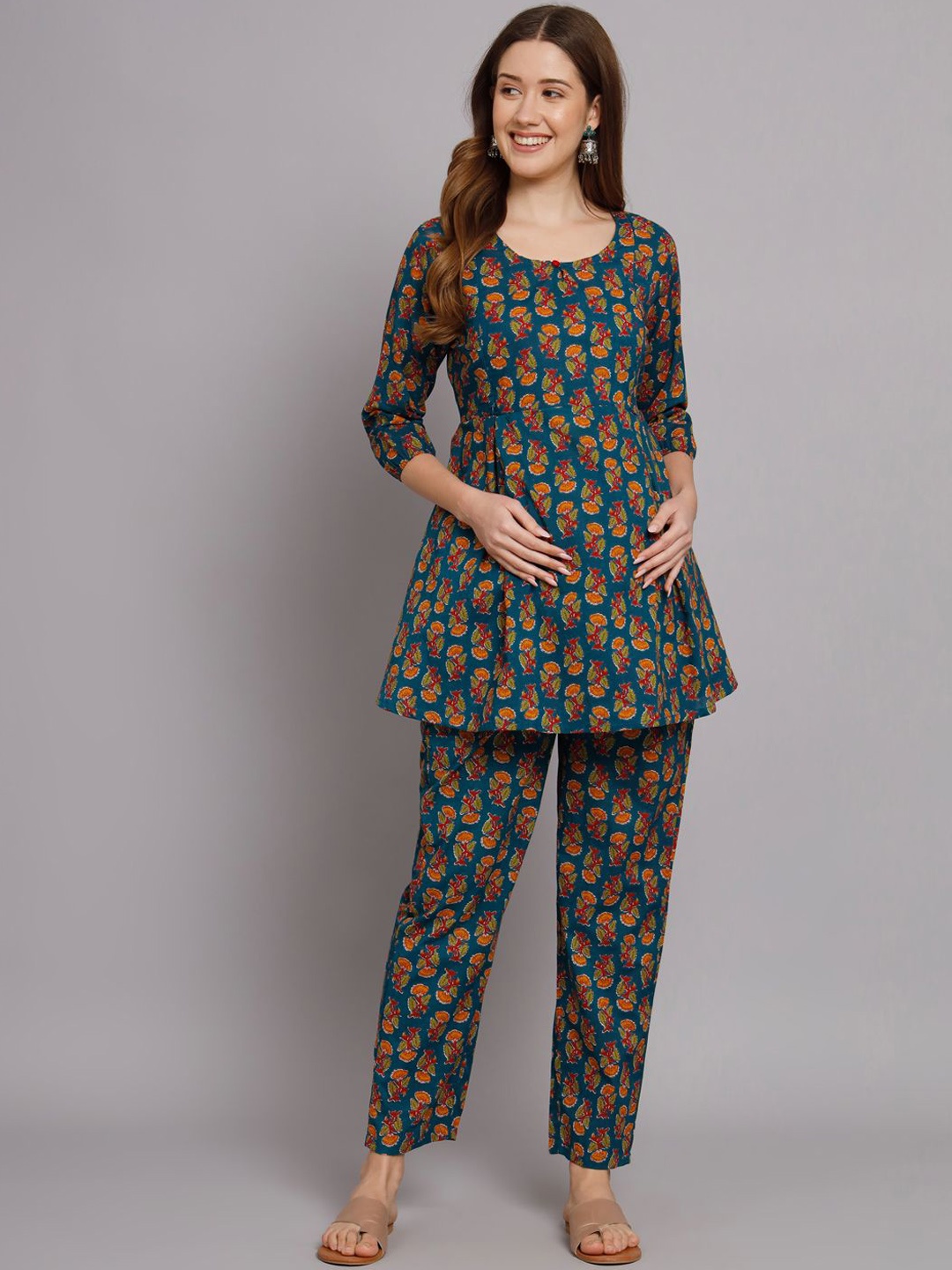 

COTNUF Printed Pure Cotton Top With Trouser Co-Ords, Teal