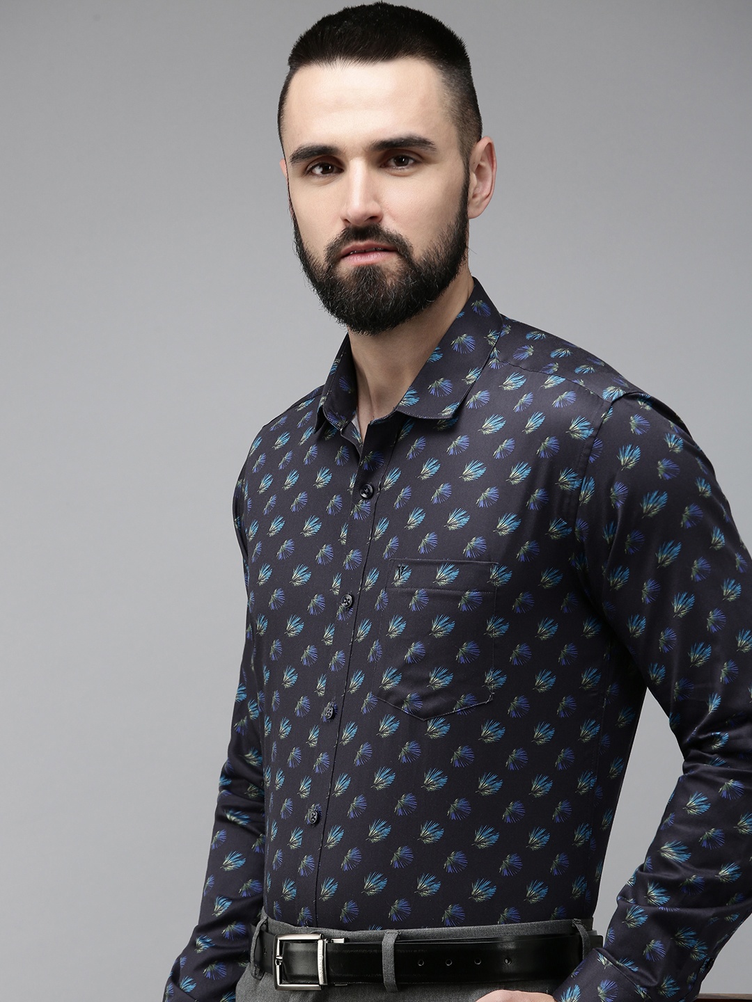 

V Dot Pure Cotton Slim Fit Tropical Printed Formal Shirt, Navy blue