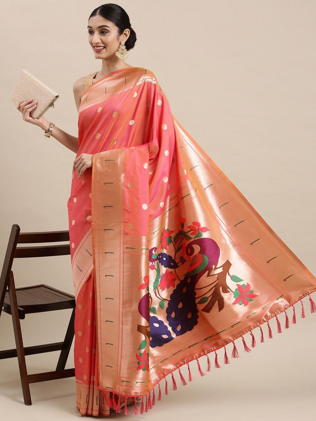 

DIVASTRI Woven Design Zari Paithani Saree, Peach