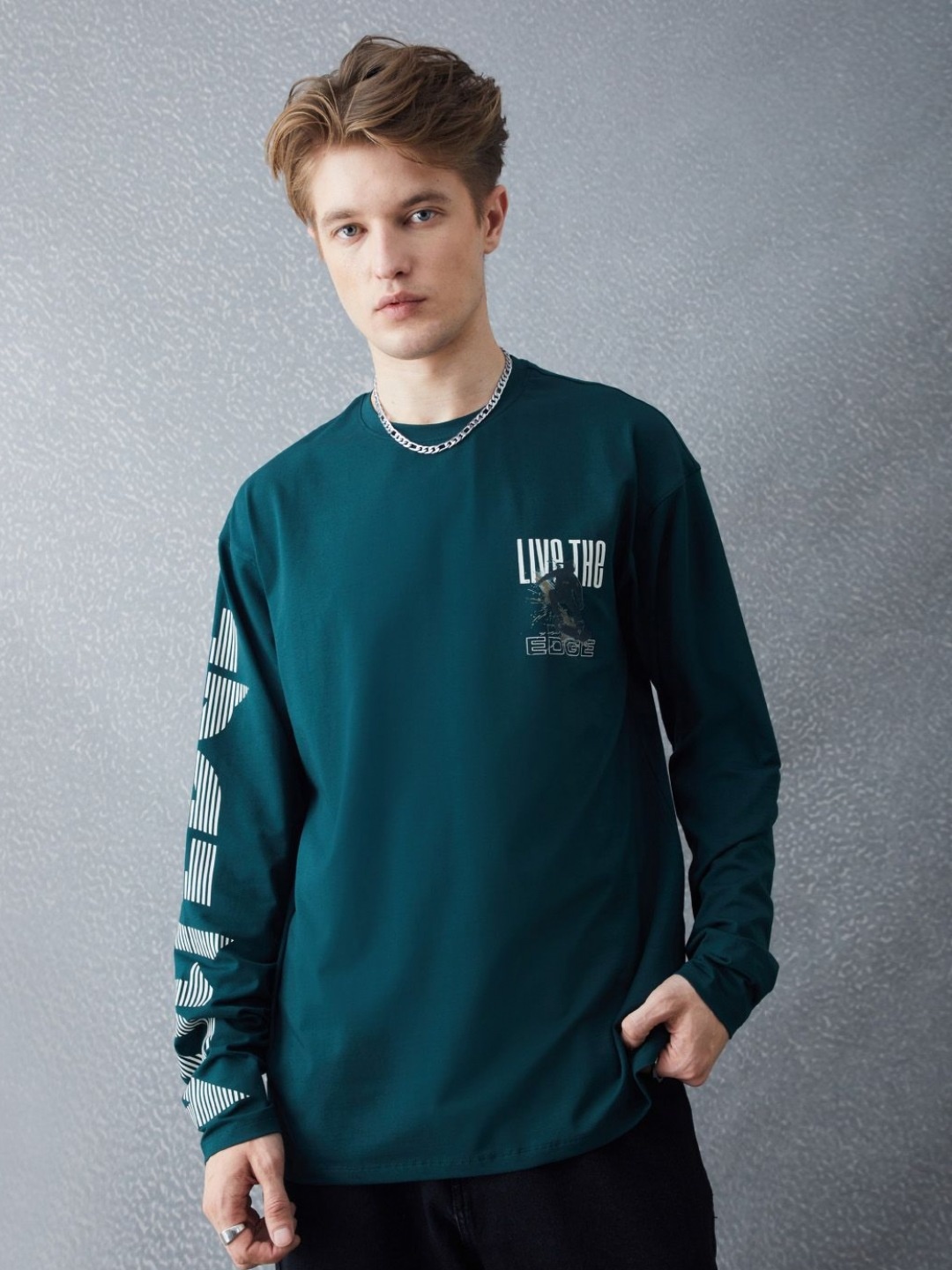 

VOLTEDGE Men Typography Printed Round Neck Cotton Oversized T-shirt, Teal