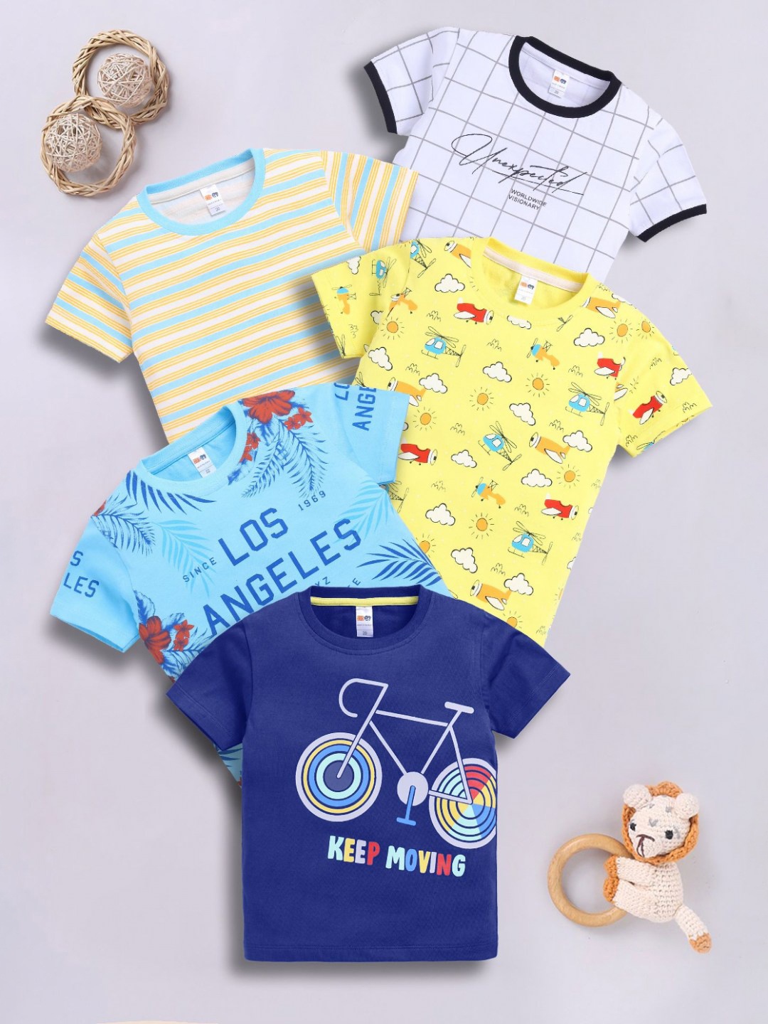 

LITTLE NINJA Boys Pack Of 5 Graphic Printed Round Neck Cotton T-shirts, Blue