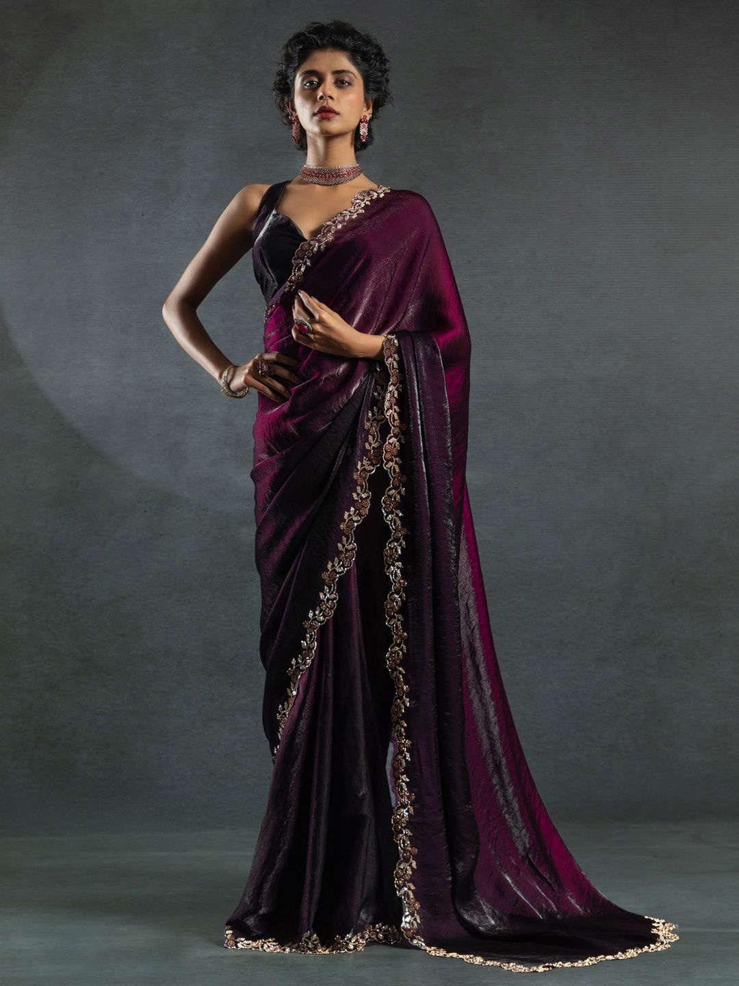 

Saree mall Embellished Beads and Stones Satin Sarees, Purple