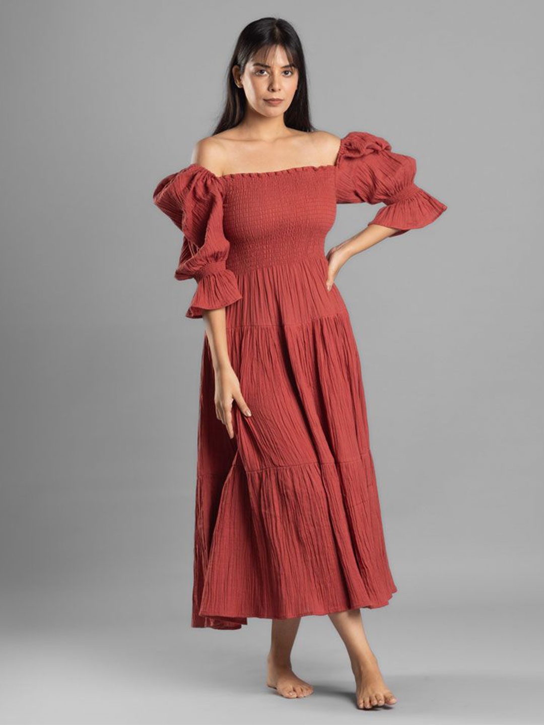 

Block Hop Women Organic Cotton Maternity A-Line Red Waffle Muslin Dress