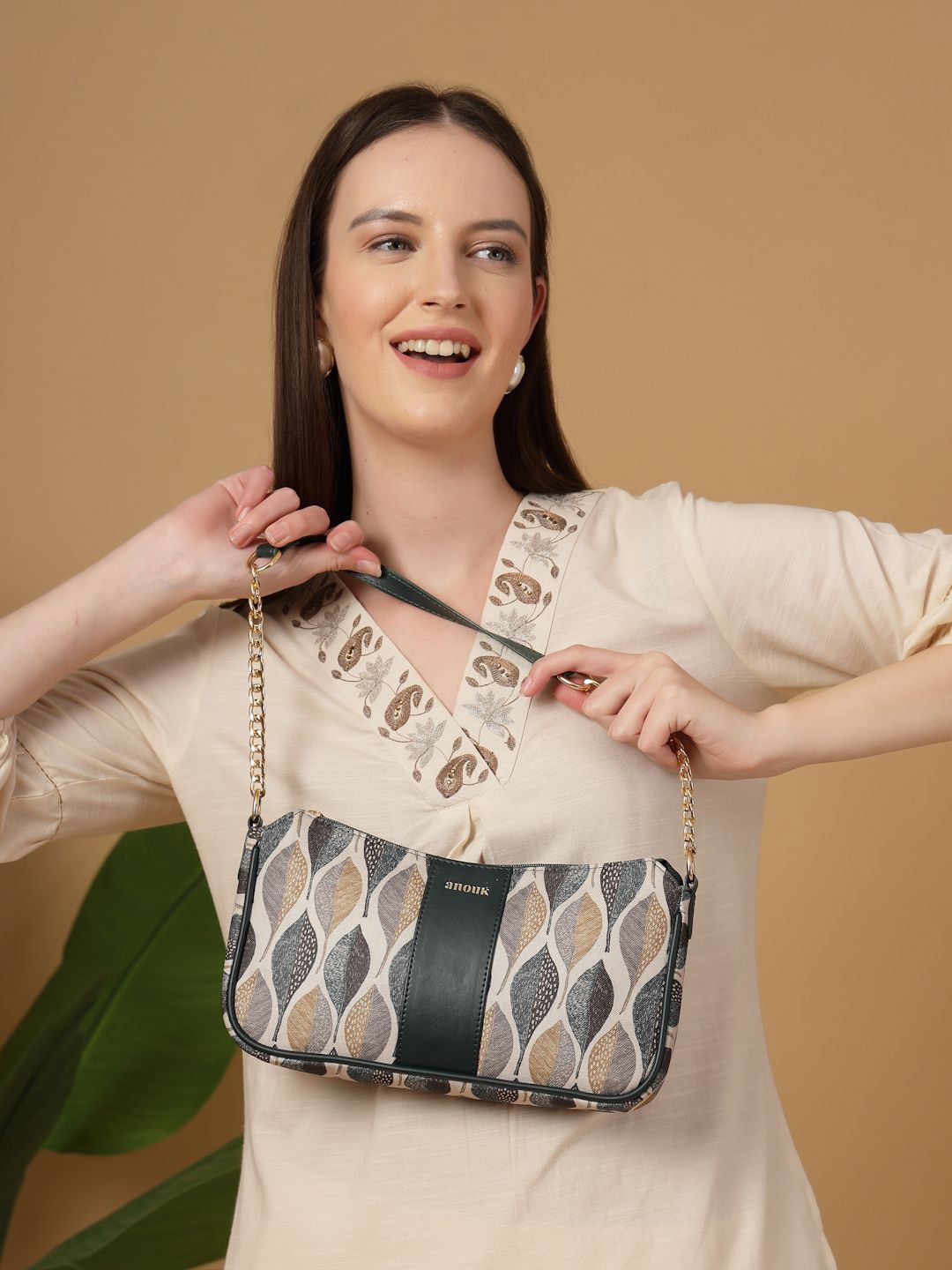 

Anouk Women Ethnic Motifs Printed Structured Handheld Bag, Beige