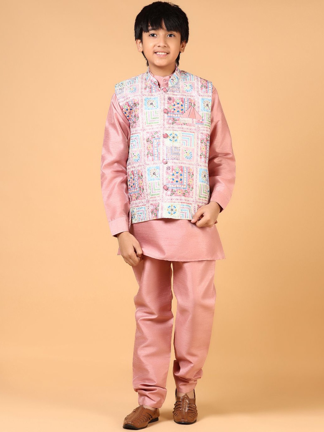 

V-Mart Boys Mandarin Collar Pure Cotton Straight Kurta With Pyjamas Nehru Jacket, Mauve
